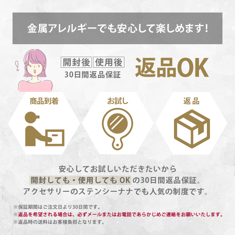 「金属アレルギーでも安心して楽しめます」開封後・使用後でも30日間返品保証OKであることを商品到着→お試し→返品のフローとともに説明する画像